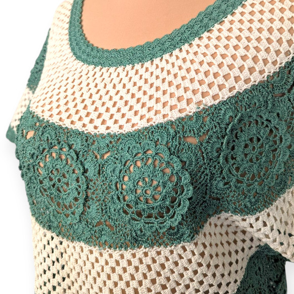 Cream & Sage Vintage Cotton Crochet Top ~ Shanghai Handmade Small - Picture 5 of 9